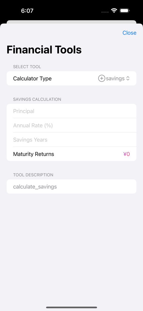365-Day Savings - Interface de calculadora de economia dentro do aplicativo mostrando campos para principal, taxa anual e duração da economia para calcular retornos de maturidade.