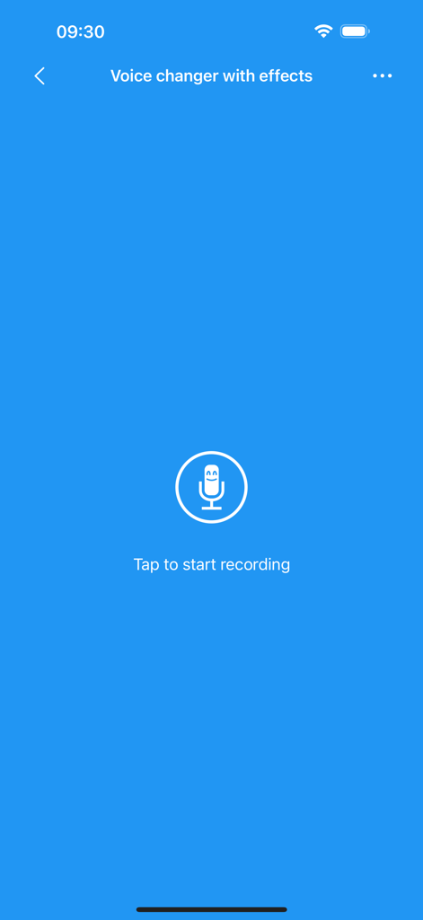 Main recording screen of the Voice Changer with Effects app showing a microphone icon and a prompt to tap to start recording