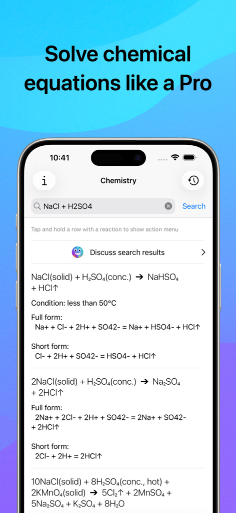 Mobile app interface for solving chemical equations with reaction search results