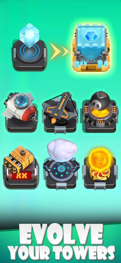 Random TD - Random TD game interface displaying diverse defense tower units and the text Evolve Your Towers.