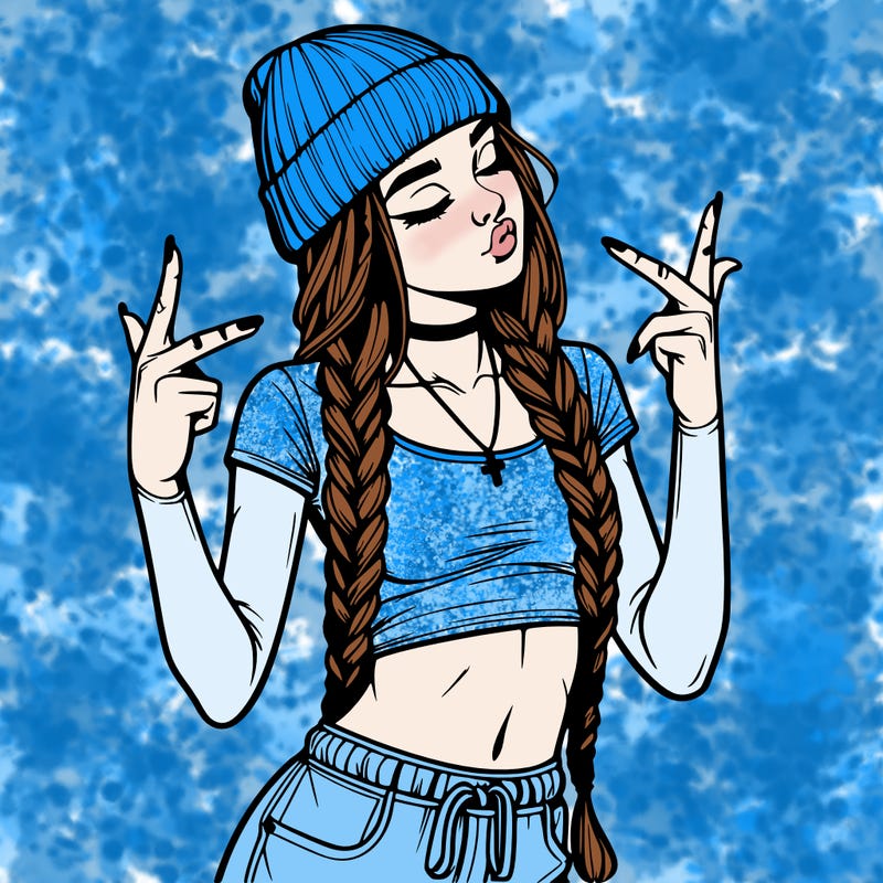 realistic teenage girl with braids and a beanie and crop top doing 🫶🏼