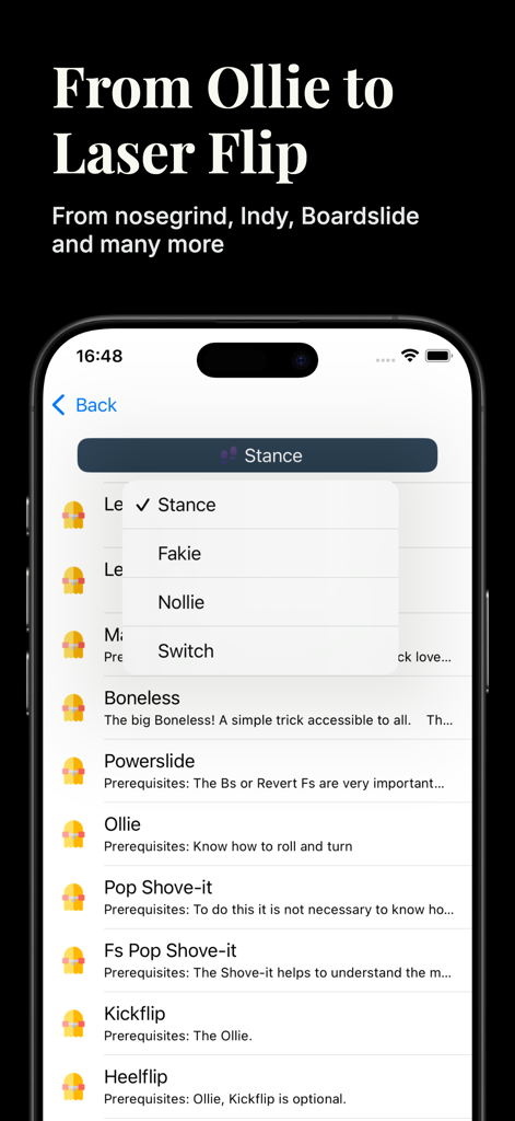 Interfaz de la aplicación móvil que muestra una lista de trucos de patineta y un menú de selección de postura