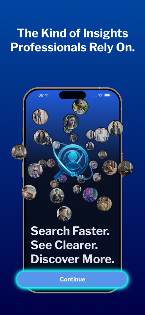 Smartphone displaying the Deep Search and Truth Seek AI app interface with headlines about professional insights and a central people search icon surrounded by profile photos.