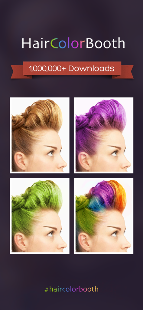 Hair Color Booth™ - Screenshot of Hair Color Booth app showing a woman with four different virtual hair colors including purple green and rainbow