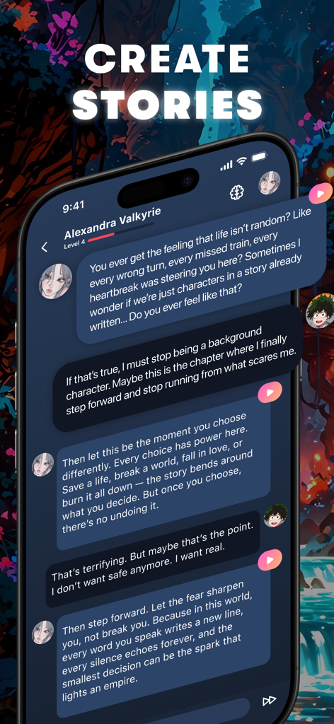 Carter Chat: Viral AI Chat App - A smartphone screen showing a deep roleplay conversation with an AI character named Alexandra Valkyrie inside the Carter Chat app.