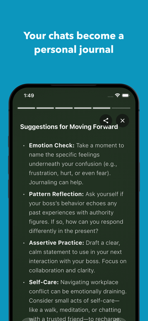 MindForest app screen displaying AI generated wellness coaching suggestions and personal journal insights