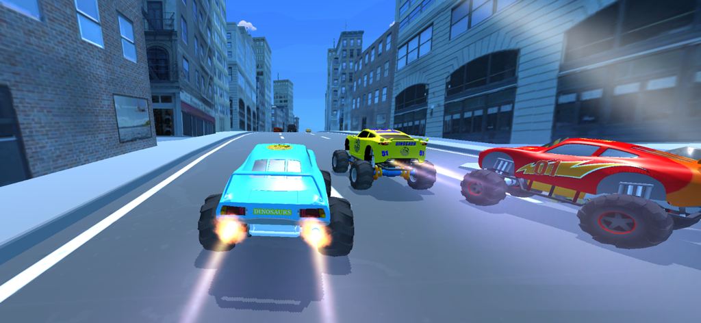 Super Monster Truck Racing - A group of colorful monster trucks racing on a city road with nitro exhaust.