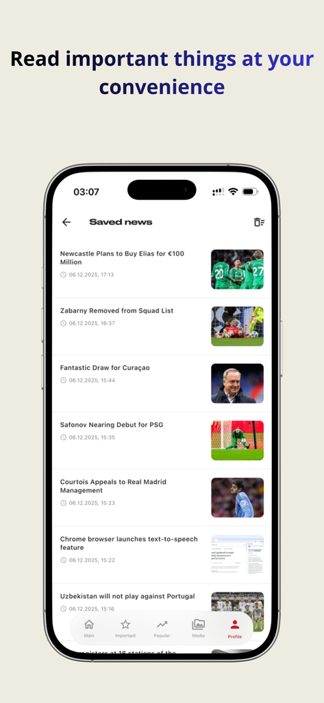 Zamin - Uma tela de smartphone exibindo a seção de notícias salvas do aplicativo Zamin com uma lista de artigos esportivos e de tecnologia.