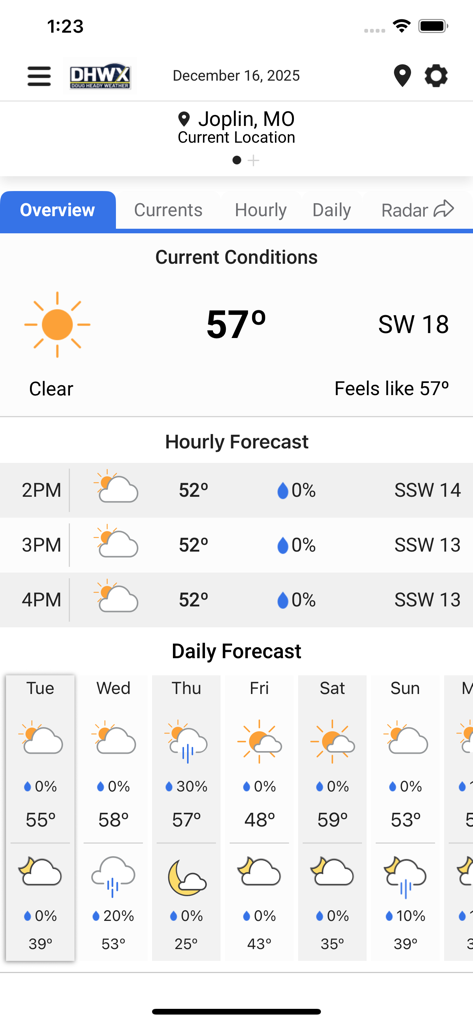 Doug Heady Weather - Doug Heady Weather app displaying current conditions hourly forecast and daily outlook for Joplin Missouri