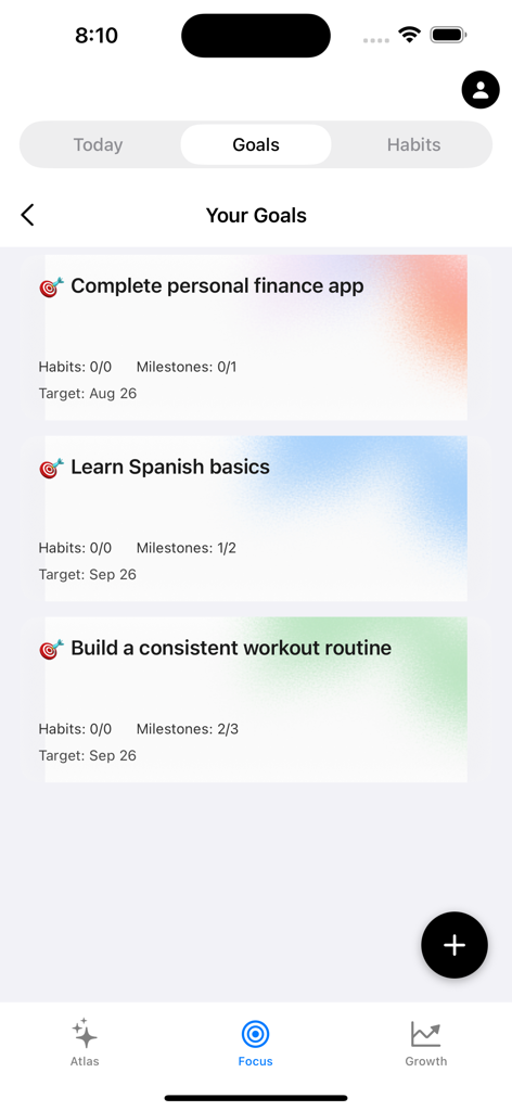 Atlas AI Coach - Pantalla de objetivos de la aplicación Atlas AI Coach que muestra una lista de objetivos de desarrollo personal