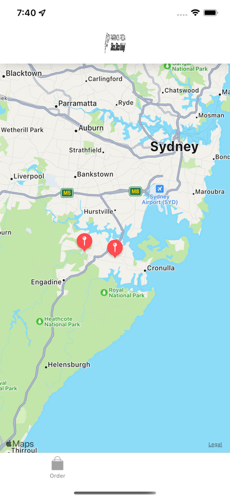 Parrinos Pizza App - Map interface in the Parrinos Pizza app showing store locations and delivery areas in Sydney