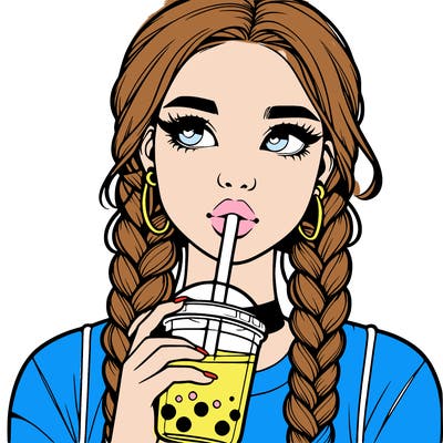 realistic girl with braided hair drinking boba