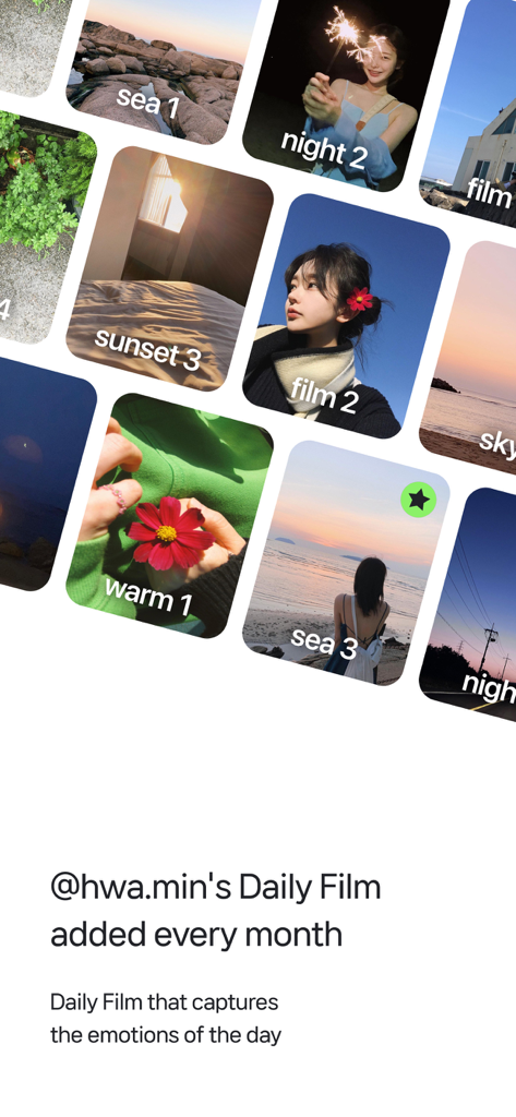 Grid of aesthetic photo presets labeled sea sunset and night from the filmhwa app