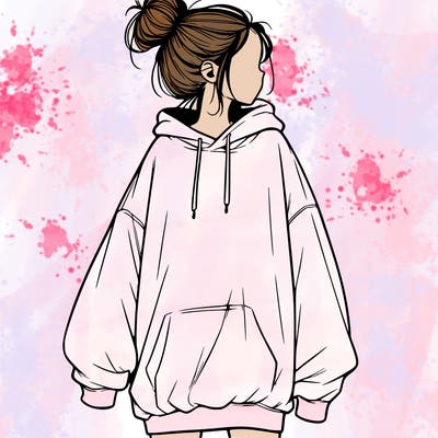 realistic girl with a oversized sweatshirt on and a bun