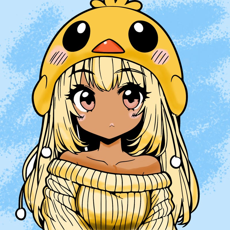 anime girl with chick shaped hat with sweater with bare shoulders with bangs covering them one eye with low tail