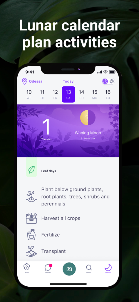 AI Plant Identifier・Care－Lily - Lunar calendar in the Lily app showing plant care activities based on moon phases