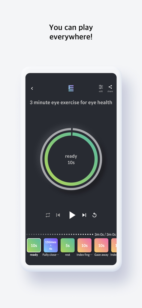 Smart Workout Counter app screen showing an eye health routine with a circular countdown timer
