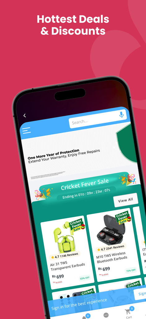 SIMOSA app screen showing hottest deals and discounts on wireless earbuds during a Cricket Fever Sale