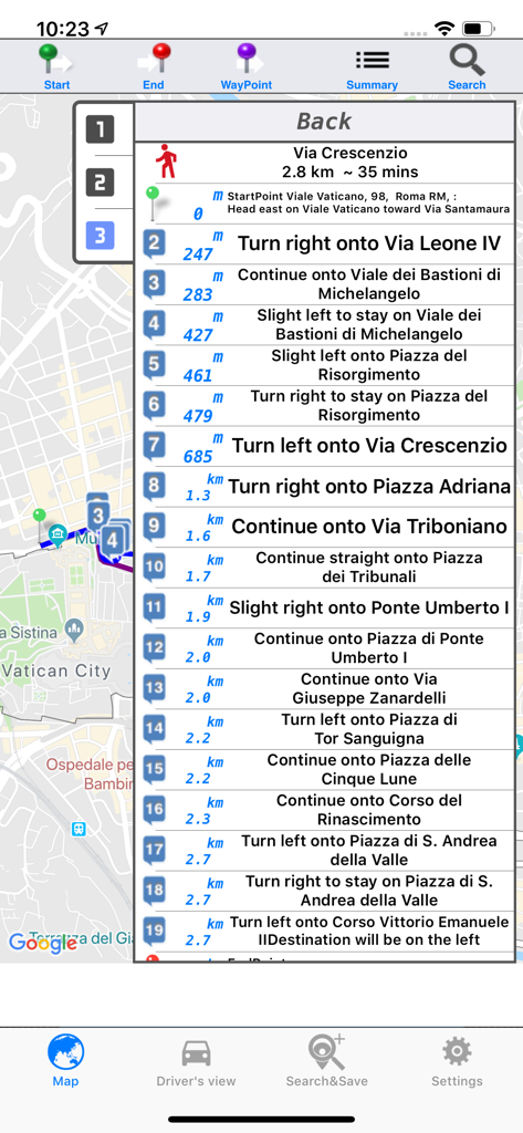 Detailed list of turn-by-turn navigation instructions and street names for a planned route on a map