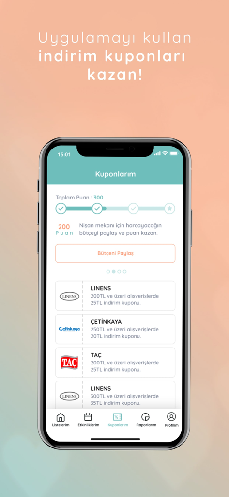 Çeyiz Listem - Ceyiz Listem mobile app screen displaying discount coupons and reward points for wedding planning