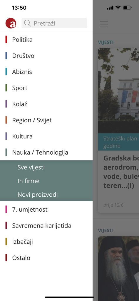 Mobile app navigation menu of Portal Analitika showing news categories.