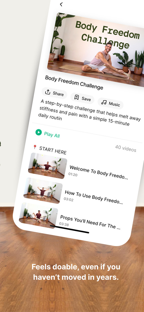 Screenshot of the Ashram by Idan mobile app showing the Body Freedom Challenge video playlist and a slogan about doable movement.