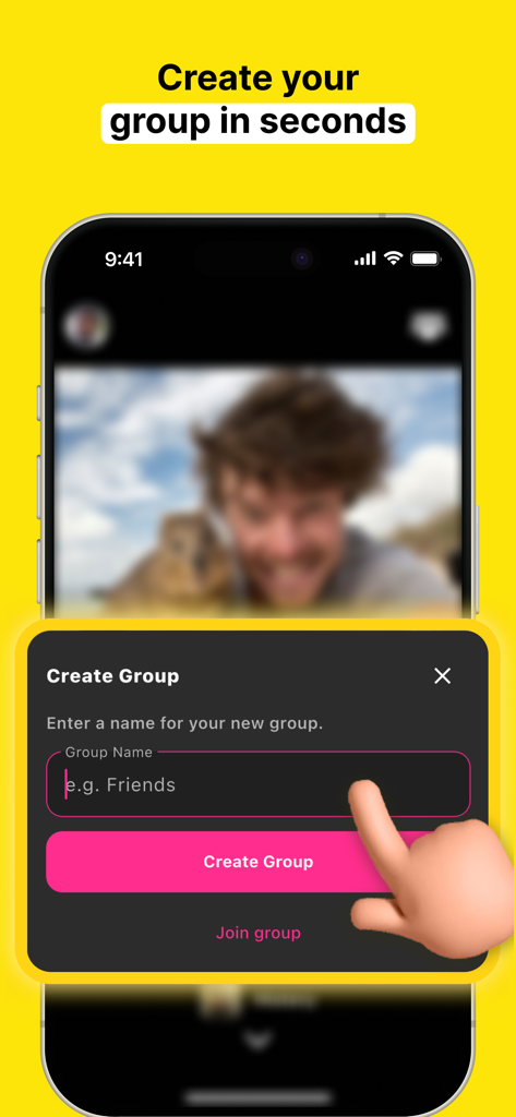 Uma interface móvel para o aplicativo Snap It mostrando a janela Criar Grupo com um campo para o nome do grupo e um botão de ação rosa.