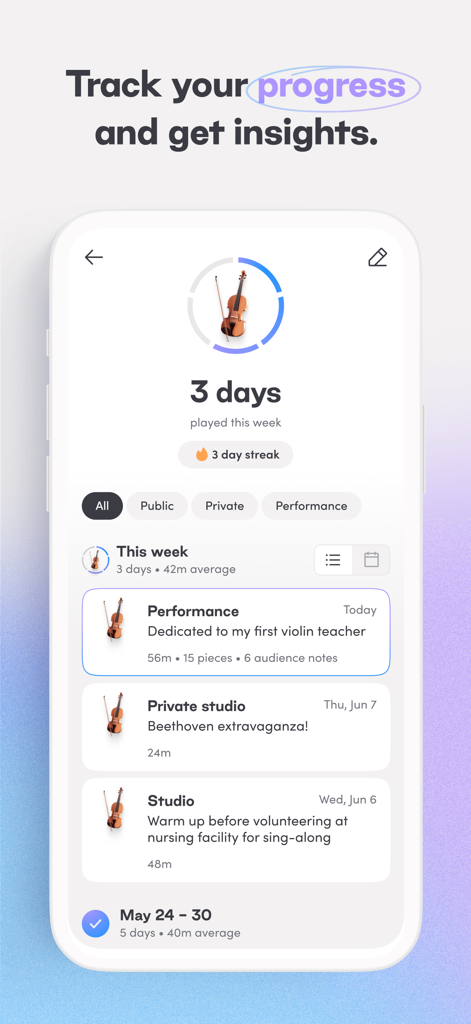 Panel de progreso de la aplicación Tonic Music que muestra las rachas de práctica y el historial de un violinista.