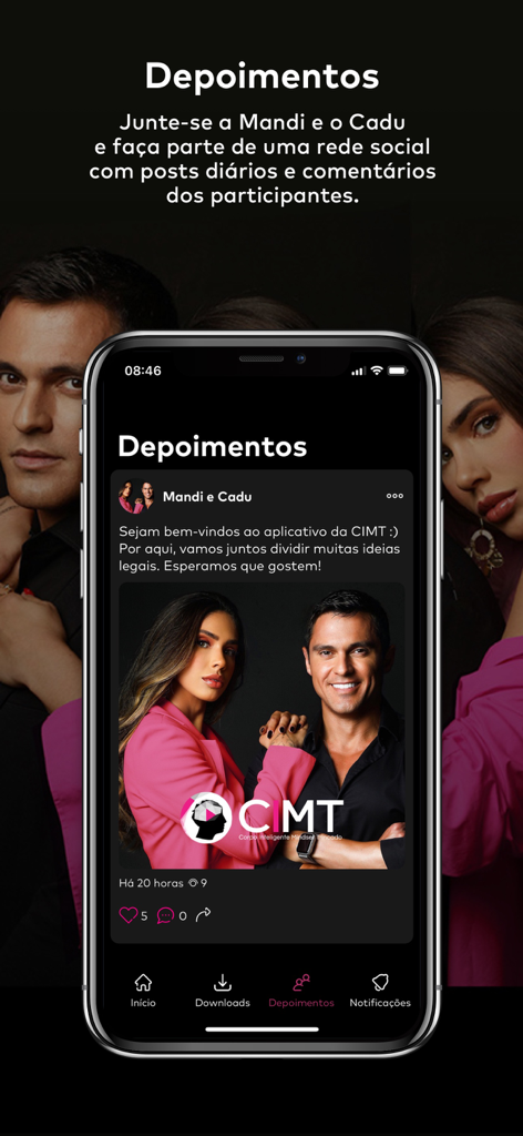 Interfaz de la aplicación CIMT que muestra el feed de la comunidad social y la sección de testimonios