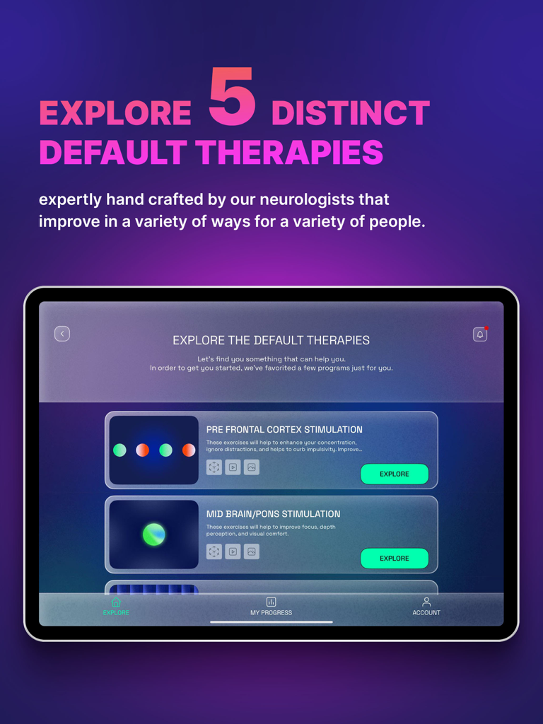 Neuromorfix - Neuromorfix app interface on an iPad displaying different neurological therapy modes for brain stimulation