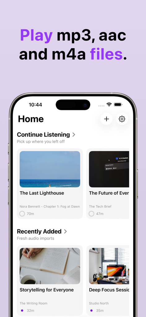 Aucast - mp3 audiobook player - Aucast app home screen displaying the continue listening and recently added audiobooks sections