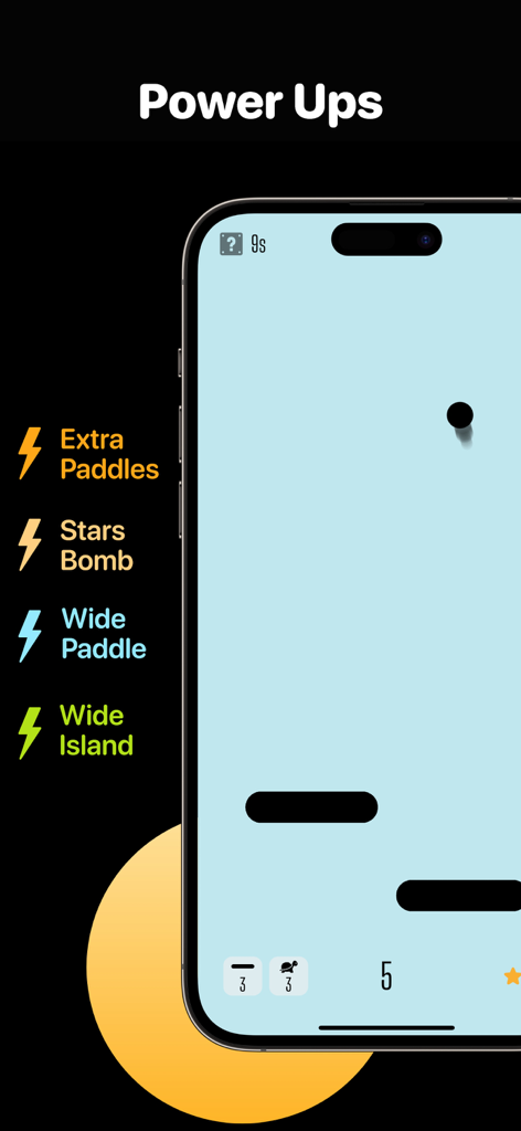 Hit The Island－Fun Arcade Game - Hit The Island arcade game screenshot displaying power-ups like extra paddles and wide island on an iPhone interface