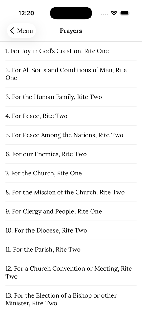 electronic Common Prayer - A list of prayers for various occasions in the electronic Common Prayer app