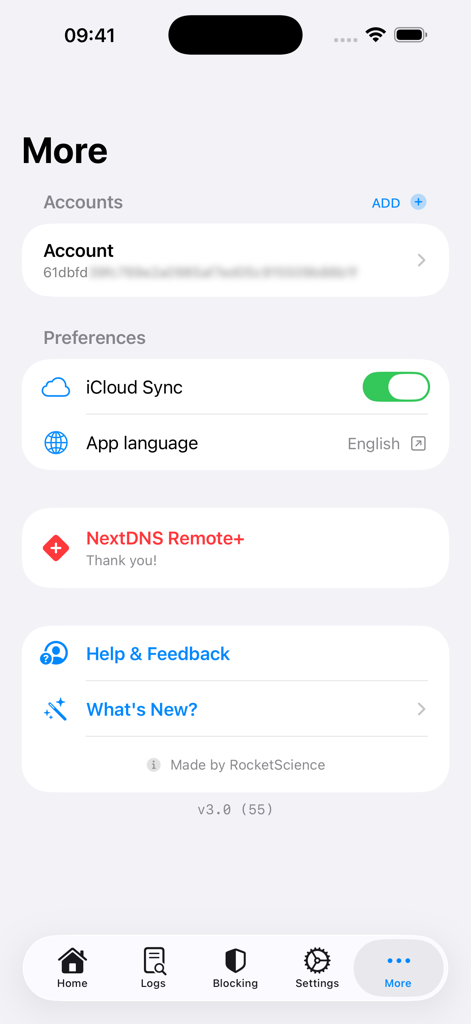 NextDNS Remote - The More tab of the NextDNS Remote app showing account management preferences and iCloud sync settings