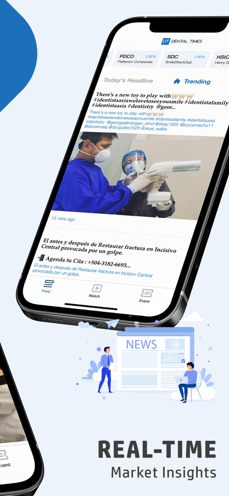 Dental Times - Smartphone screen displaying the Dental Times app news feed with industry headlines and dental market trends