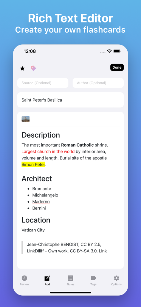 Flash Cards - Flashcards Maker - Uma interface móvel para um editor de flashcards mostrando formatação de texto detalhada para um cartão de estudo sobre a Basílica de São Pedro.
