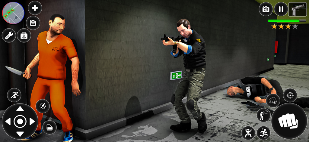 City Gangster Prison Escape - A prisoner in an orange jumpsuit hiding from an armed guard in a hallway during a jailbreak mission.