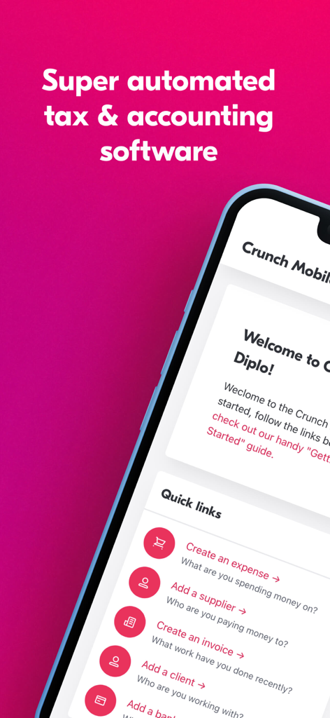 Crunch Accounting - Interfaz de la aplicación móvil Crunch Accounting que muestra enlaces rápidos para gastos y facturas