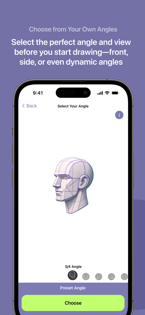 WeDraw: Trace & Create - Interface de l'application WeDraw montrant une référence de modèle de tête 3D sous un angle de trois quarts pour le traçage et le croquis.