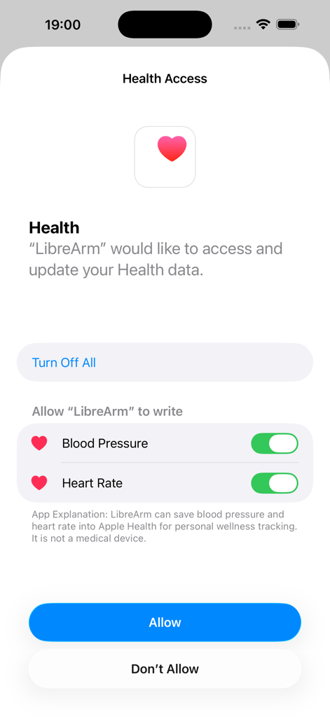 LibreArm app requesting permission to sync blood pressure and heart rate data with Apple Health