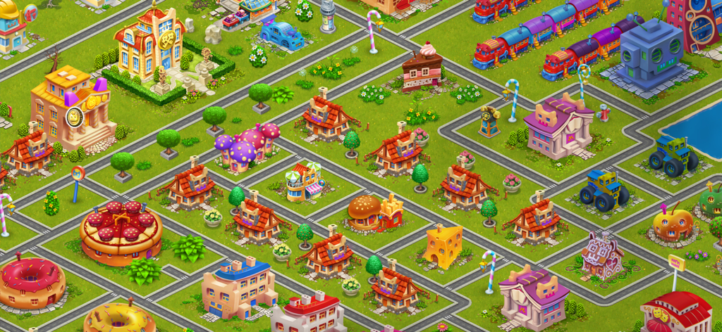 Nyan Cat: Lost In Space - Top down view of a colorful city with food themed buildings in Nyan Cat Lost In Space