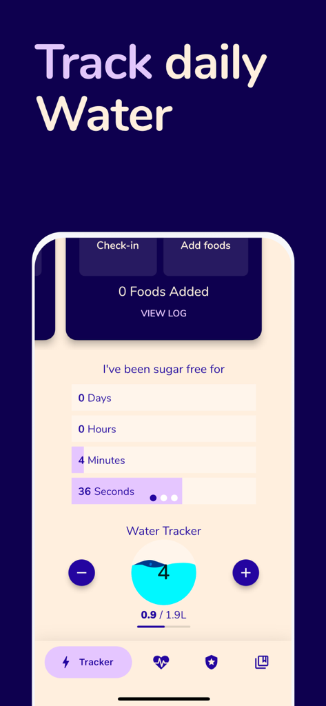 Sugarfree Quit Sugar Addiction - Sugarfree app interface showing a water intake tracker and a sobriety timer for sugar addiction.