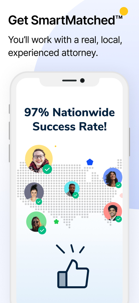 Off The Record: Ticket Lawyer - Off The Recordアプリのスクリーンショットで、全国的な成功率97%と利用可能な地方弁護士の地図が表示されています