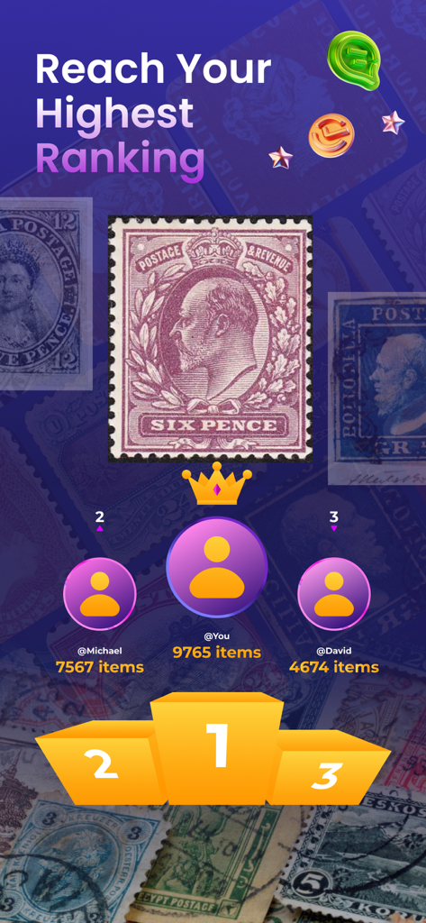 Community leaderboard showing rankings of stamp collectors in the Stamp Value app
