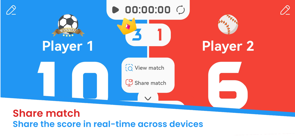 Digital scoreboard interface showing scores and an option to share match results in real time