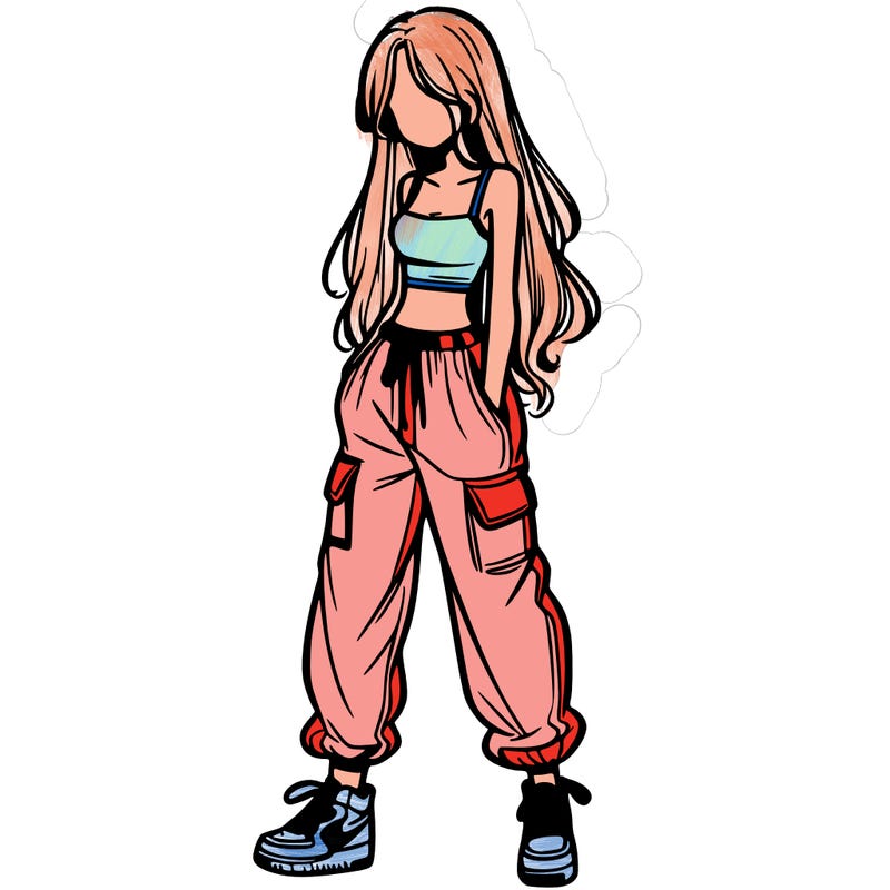 girl in baggy pants crop top and long hair