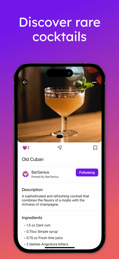 BarGenius - Cocktail App - Pantalla de la aplicación BarGenius que muestra la receta del cóctel Old Cuban con ingredientes