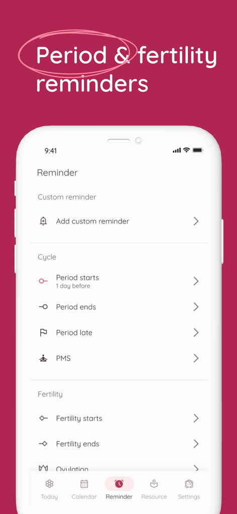 Life app screen showing custom period and fertility reminder settings