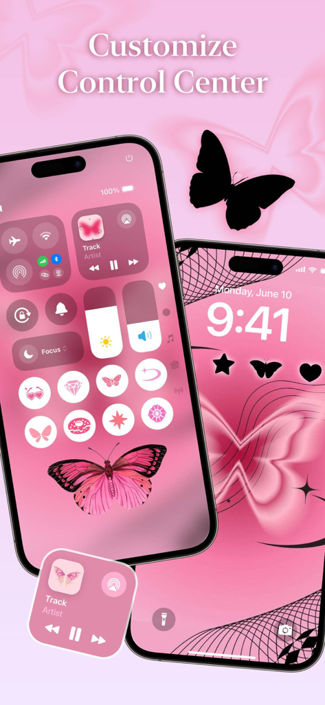 Un centro de control estético de iPhone personalizado en rosa con diseños de mariposas de la aplicación ThemePack