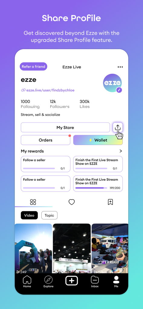 ezze: Stream, Shop & Socialize - ezze app user profile screen showing share feature followers and rewards dashboard